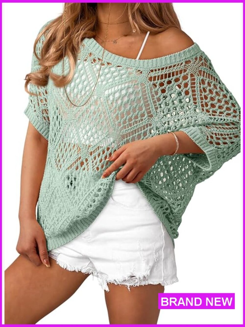 Crochet Cover Up Top Short Sleeve Off Shoulder Sweater Beach Swimsuit Coverup